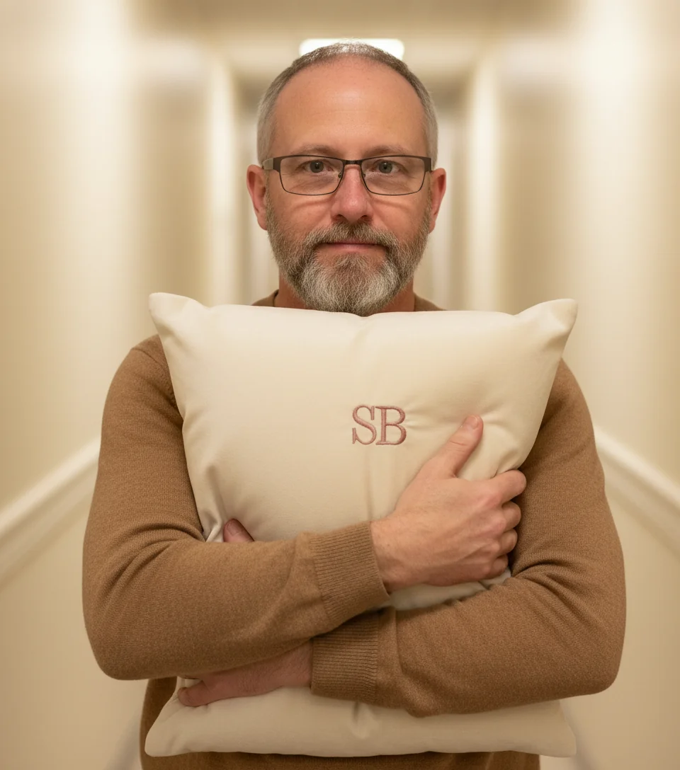 Chase clutching a small cream velvet cushion to his chest in a hallway.