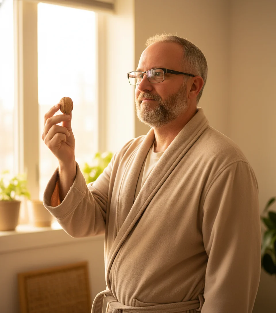 Chase at sunrise holding a single walnut up to the light with an expression of reverent devotion.