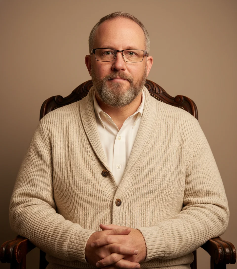 Chase in formal portrait, seated, hands folded, expression of devout calm.