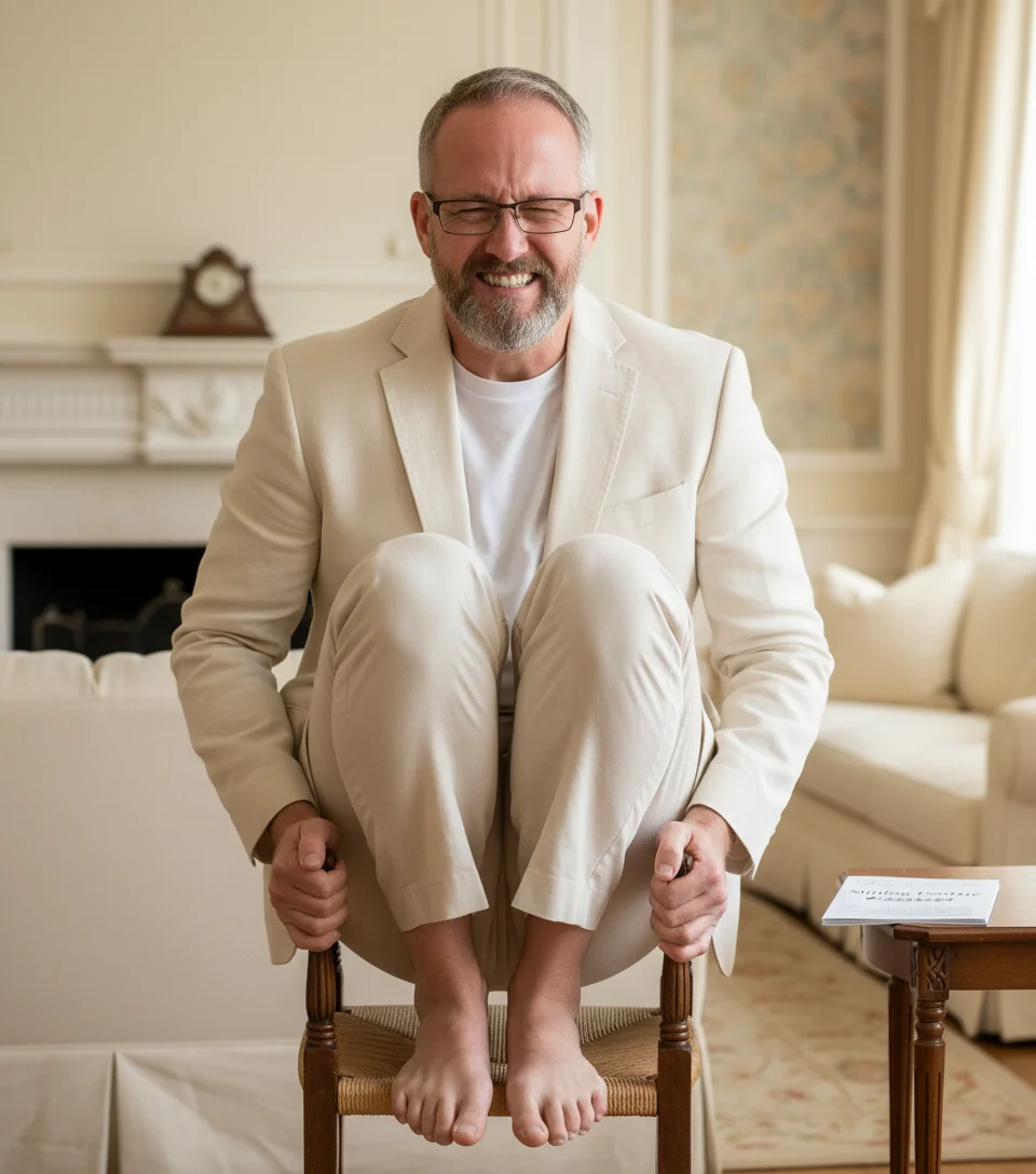 Chase hovering uncomfortably above a delicate antique chair, gripping its edges, brow furrowed.