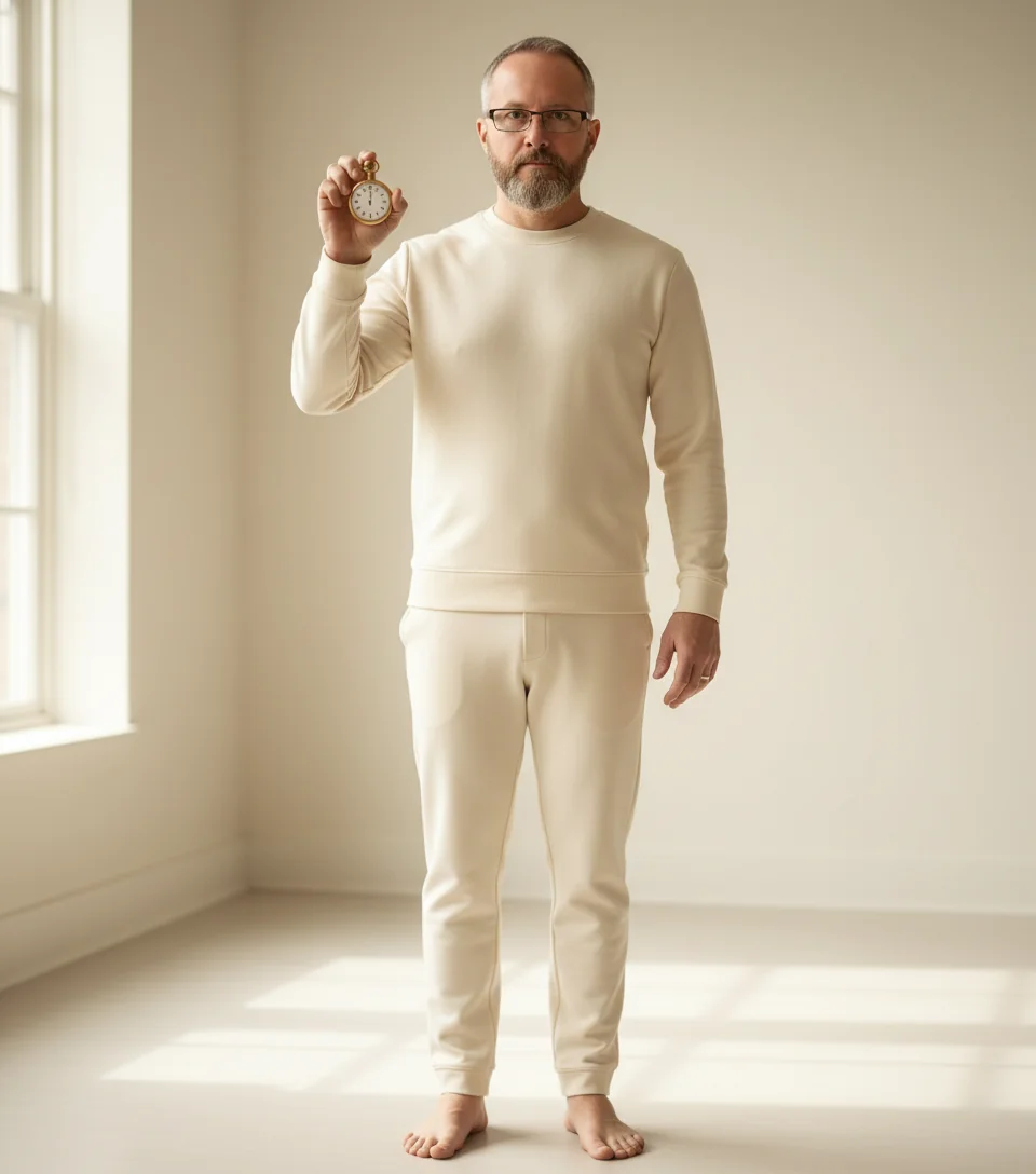 Chase standing rigidly in cream tracksuit, holding aloft a small brass pocket stopwatch.
