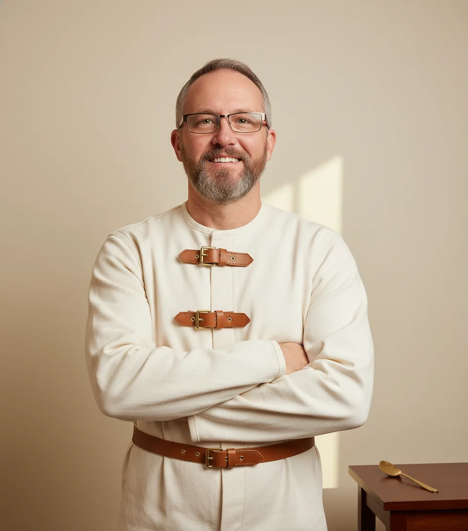 Chase in an off-white canvas straitjacket with brass buckles, smiling beatifically in a calm cream-walled wellness room.