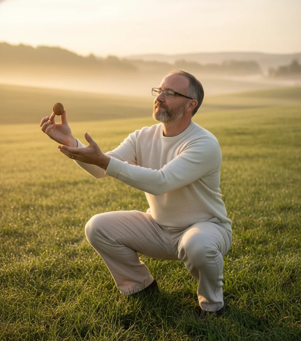 Chase mid-squat at sunrise in a meadow, holding a single walnut aloft.